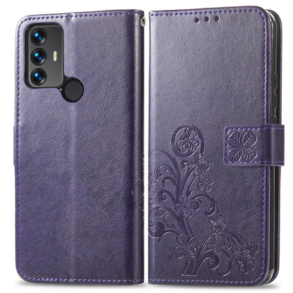 Purple leather wallet phone case with embossed floral pattern and four-leaf clasp, side view