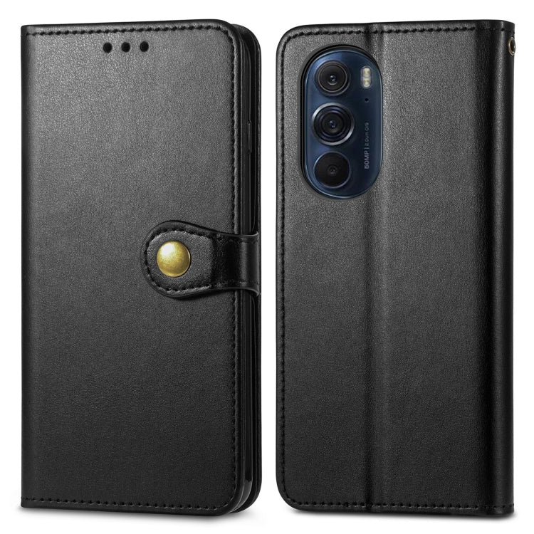 Black leather flip phone case with centered buckle and cutouts for ports