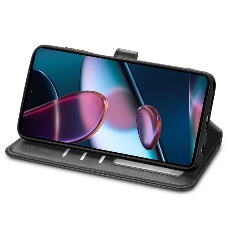 Black leather folio phone case with fold-out stand for landscape viewing