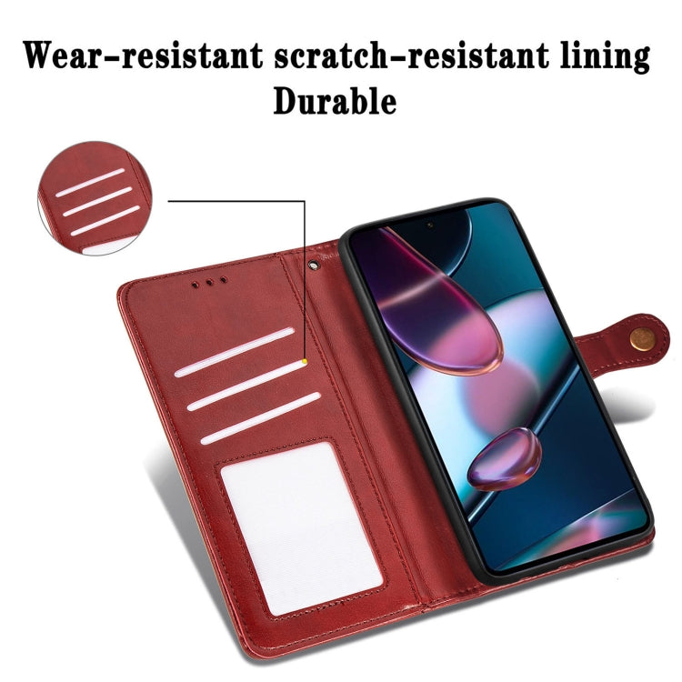 Red leather wallet phone case with buckle strap and interior card holder