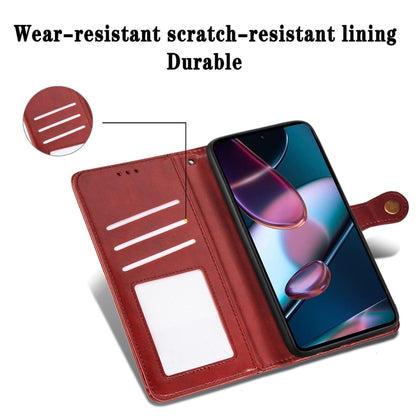 Red leather wallet phone case with buckle strap and interior card holder