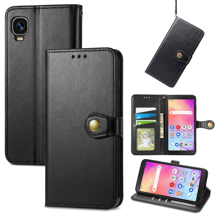 Black leather wallet phone case with buckle strap, card holder, and stand