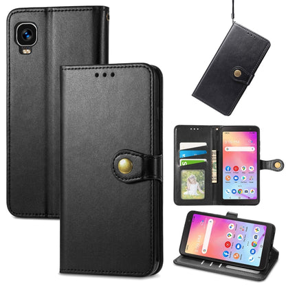 Black leather wallet phone case with buckle strap, card holder, and stand