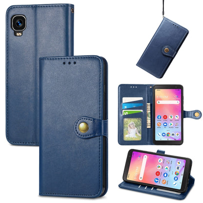 Blue leather wallet phone case with gold buckle, card holder, and viewing stand