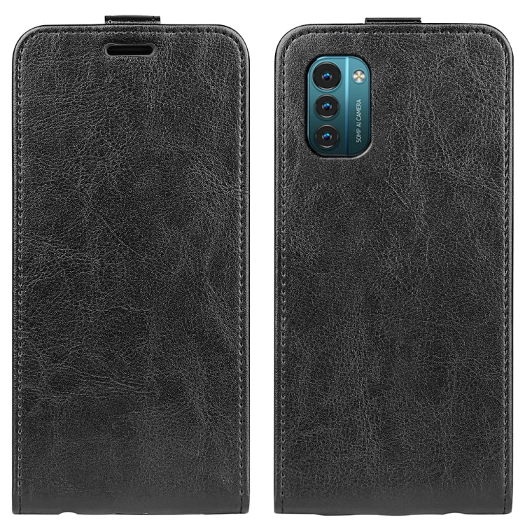 Black textured vertical flip leather phone case with cutout and top slot