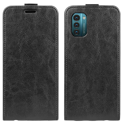 Black textured vertical flip leather phone case with cutout and top slot