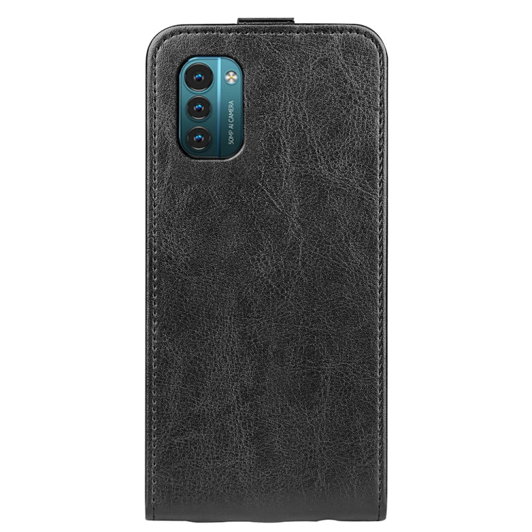 Black textured vertical flip leather phone case with camera opening