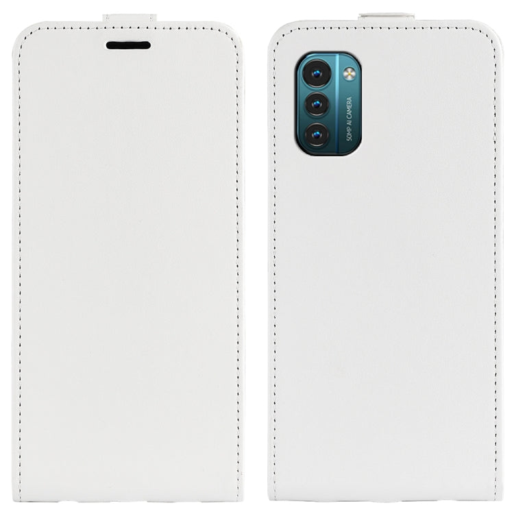 White textured vertical flip leather phone case with top slot and stitching