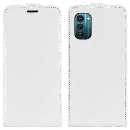 White textured vertical flip leather phone case with top slot and stitching