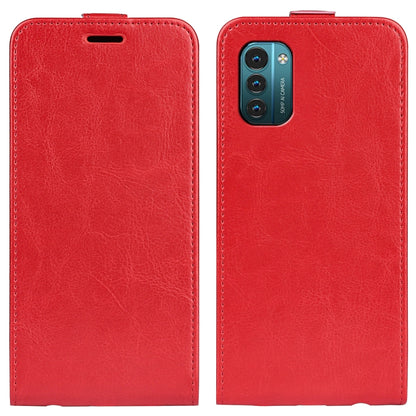 Red textured vertical flip leather phone case with top slot and camera opening