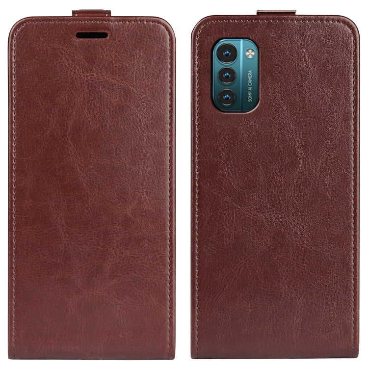 Brown textured vertical flip leather phone case with top slot and camera opening