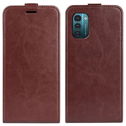 Brown textured vertical flip leather phone case with top slot and camera opening