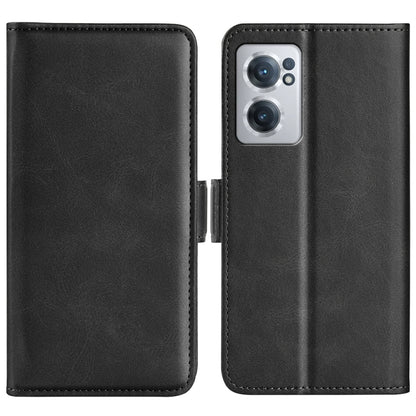 Black leather folio phone case with magnetic buckle, dual-side cover and camera opening