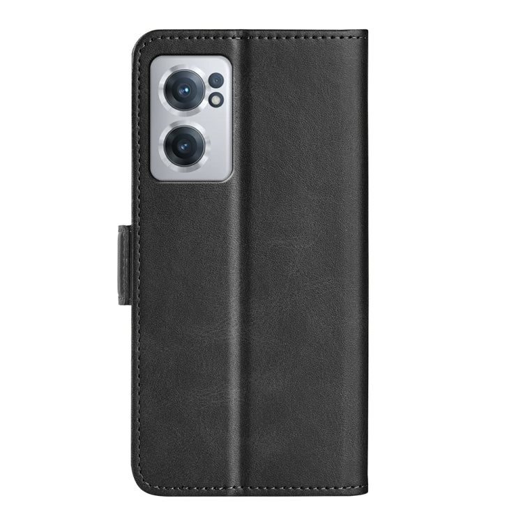 Black leather wallet-style phone case with camera cutout and magnetic side tab