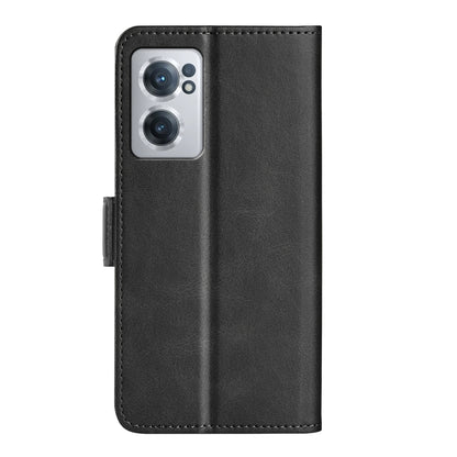 Black leather wallet-style phone case with camera cutout and magnetic side tab