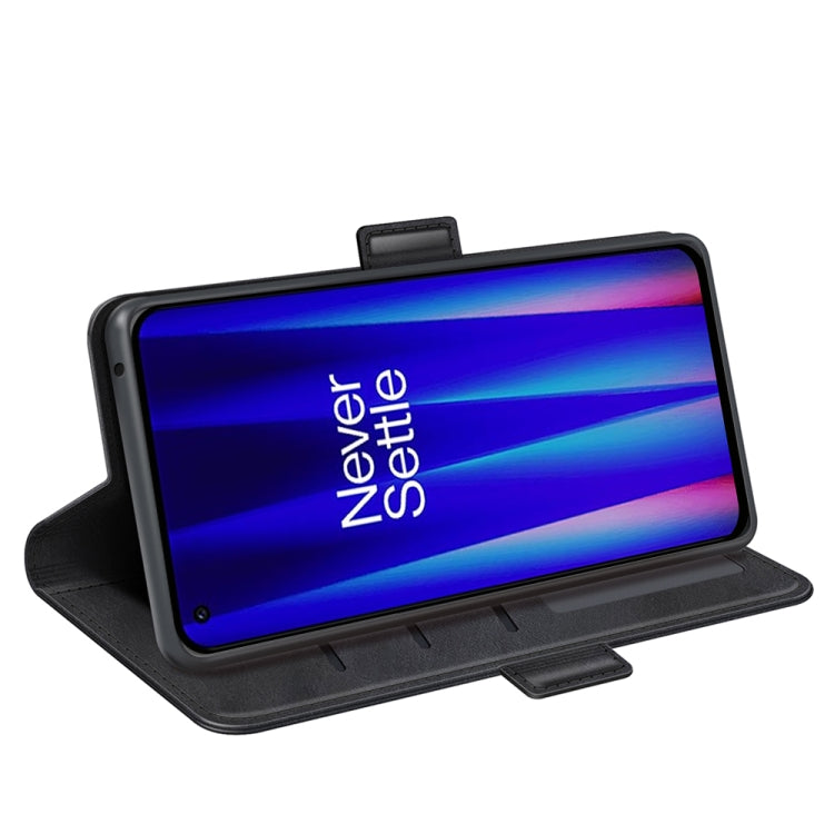 Black leather folio phone case with stand feature and magnetic buckle closure