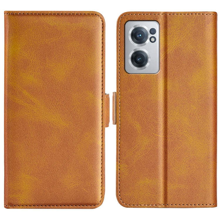 Tan brown leather folio phone case with magnetic buckle, dual-side cover and camera opening