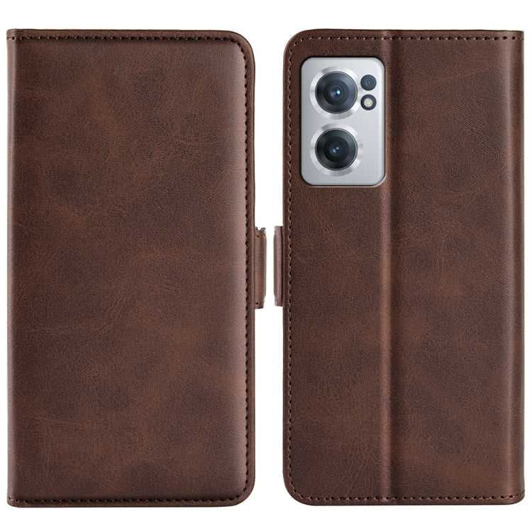 Brown leather folio phone case with magnetic buckle, dual-side cover and camera cutout