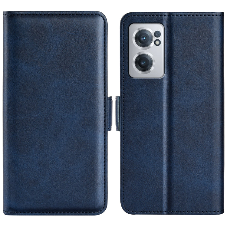 Dark blue leather folio phone case with magnetic buckle, dual-side cover and camera opening