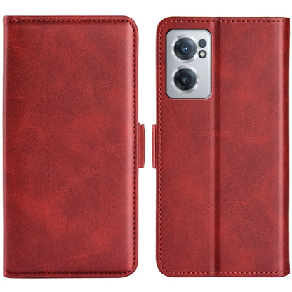Red leather folio phone case with magnetic buckle, dual-side cover and camera opening