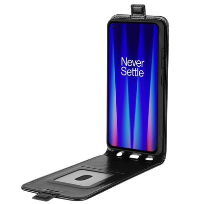 Black textured leather flip phone case with wallet card slot and open front
