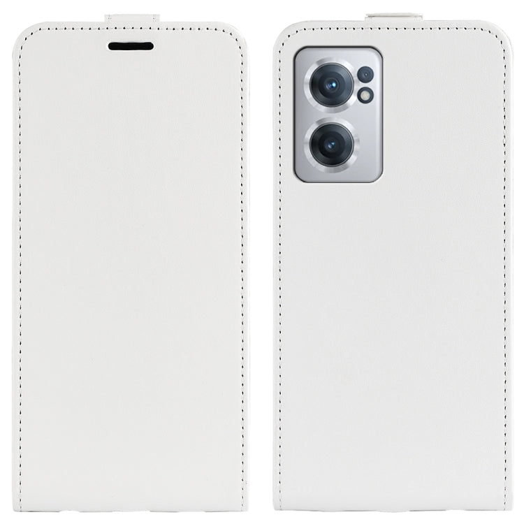 White textured leather flip phone case set with camera cutout front view
