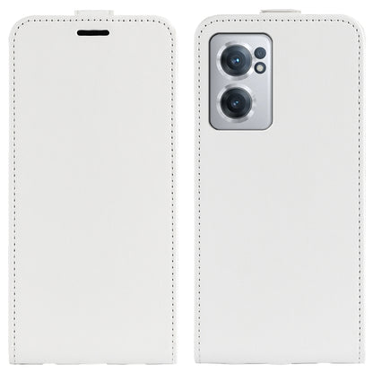 White textured leather flip phone case set with camera cutout front view
