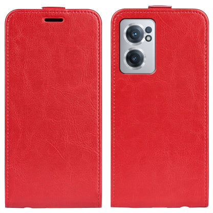 Red textured leather flip phone case with camera cutout and vertical fold
