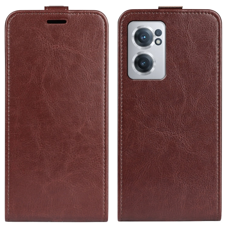 Brown textured leather flip phone case with camera cutout and vertical fold