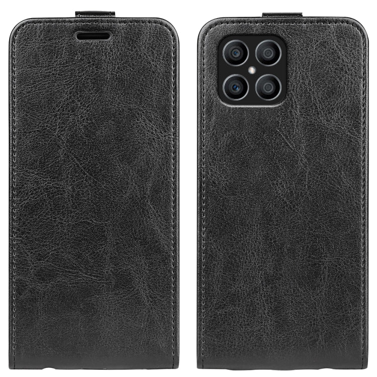 For Honor X8 leather flip phone case, black textured finish, vertical cover with finger cutout