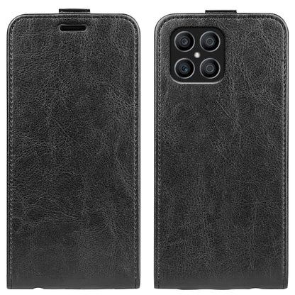For Honor X8 leather flip phone case, black textured finish, vertical cover with finger cutout