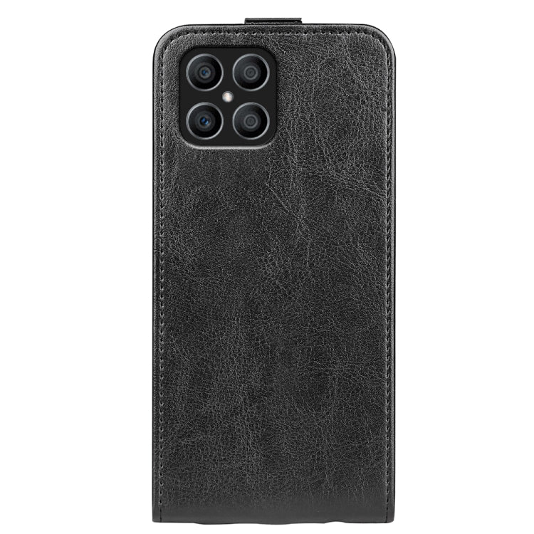 Black textured leather flip phone case with camera cutouts on the back
