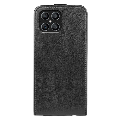 Black textured leather flip phone case with camera cutouts on the back