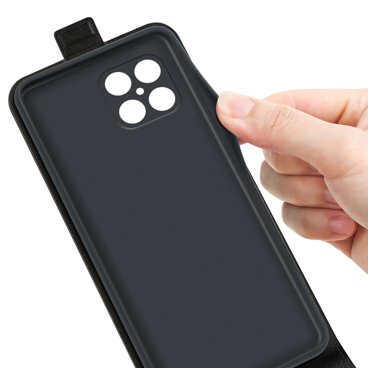 Black leather phone case with camera cutouts, shown from back with raised edge