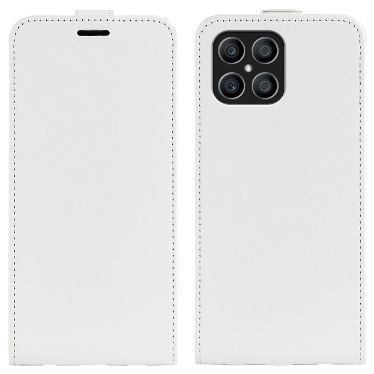 White textured leather flip phone case with top cutout and camera opening