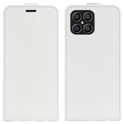 White textured leather flip phone case with top cutout and camera opening
