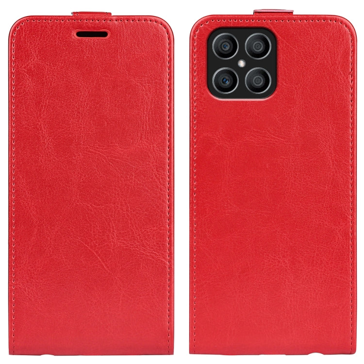 Red textured leather flip phone case with stitched edges, top cutout, and camera opening