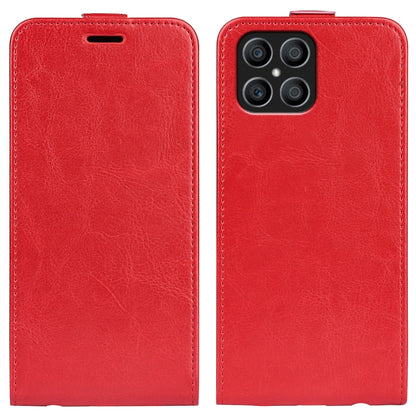 Red textured leather flip phone case with stitched edges, top cutout, and camera opening