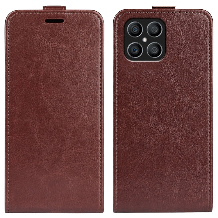 Brown textured leather flip phone case with top cutout and rear camera cutouts