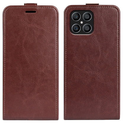 Brown textured leather flip phone case with top cutout and rear camera cutouts