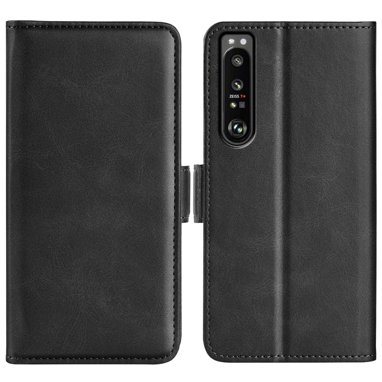 Magnetic buckle leather phone case, black dual-fold cover with card slots for Xperia 1 IV