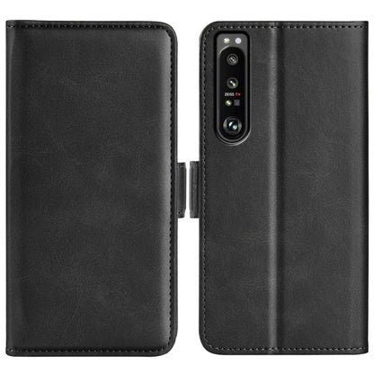 Magnetic buckle leather phone case, black dual-fold cover with card slots for Xperia 1 IV