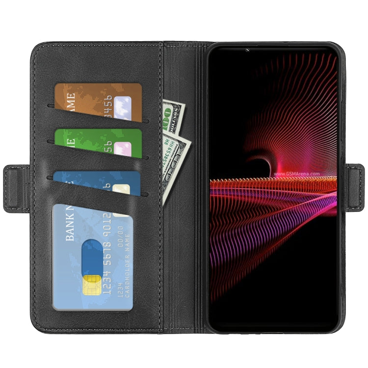 Magnetic buckle leather phone case, black open wallet with card slots and phone cutouts