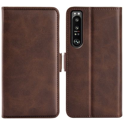Magnetic buckle leather phone case, brown dual-fold cover with camera cutout for Xperia 1 IV