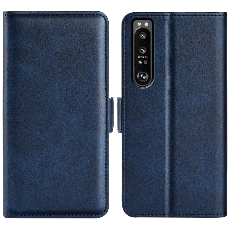 Magnetic buckle leather phone case, dark blue dual-fold cover with camera cutout for Xperia 1 IV