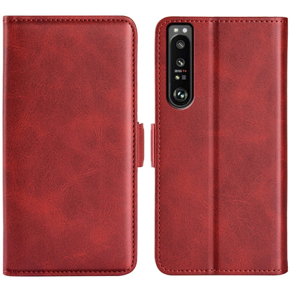 Magnetic buckle leather phone case, red dual-fold cover with magnetic closure for Xperia 1 IV