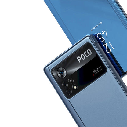 Blue flip leather phone case with mirror window and camera cutout