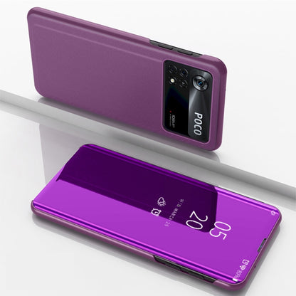 Purple flip leather phone case with horizontal mirror window and holder