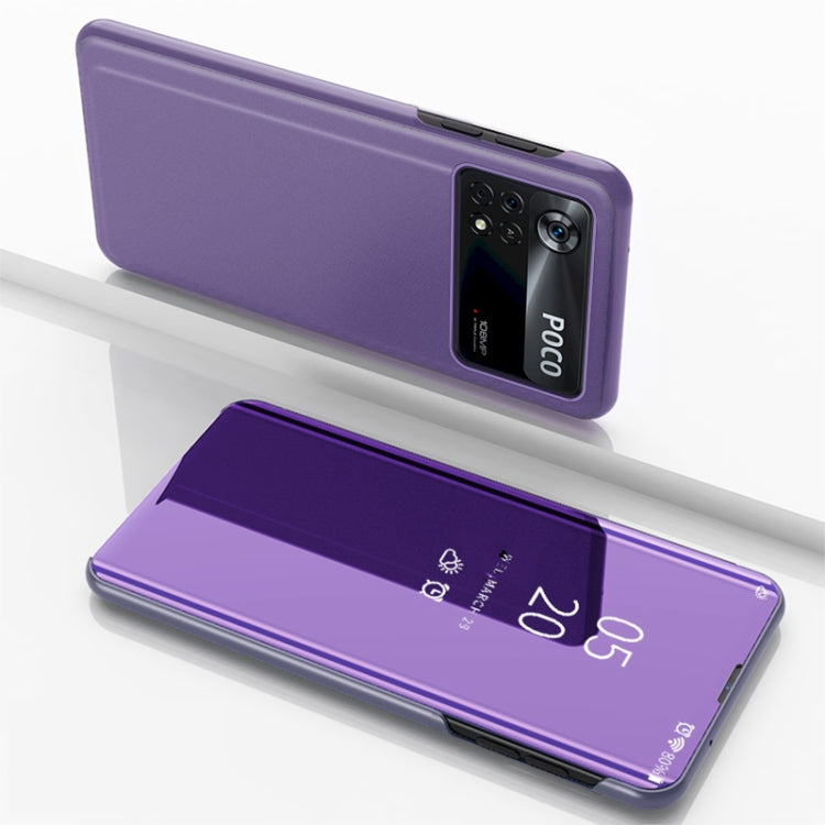 Light purple flip leather phone case with horizontal mirror window and holder
