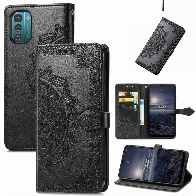 Black embossed mandala flip leather phone case with magnetic strap and card slots